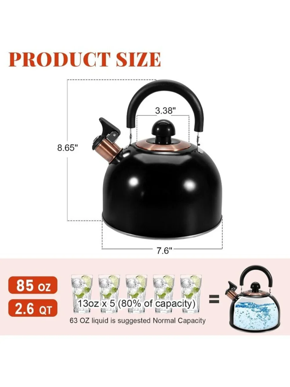 GGC Black Stainless Steel Kettles 2.6QT Whistling Stove Top Folding Wood Handle